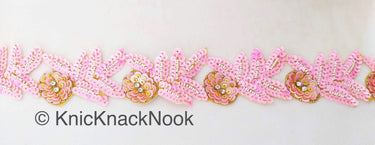 Pink And Gold Sequins Trim With Diamante Beads, Floral Trims, Trimming